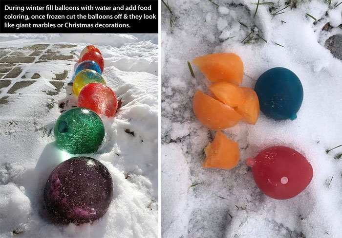 Llena globos con agua y colorante alimentario, y cuando se congelen, cortas el globo y tienes canicas enormes o decoración para Navidad