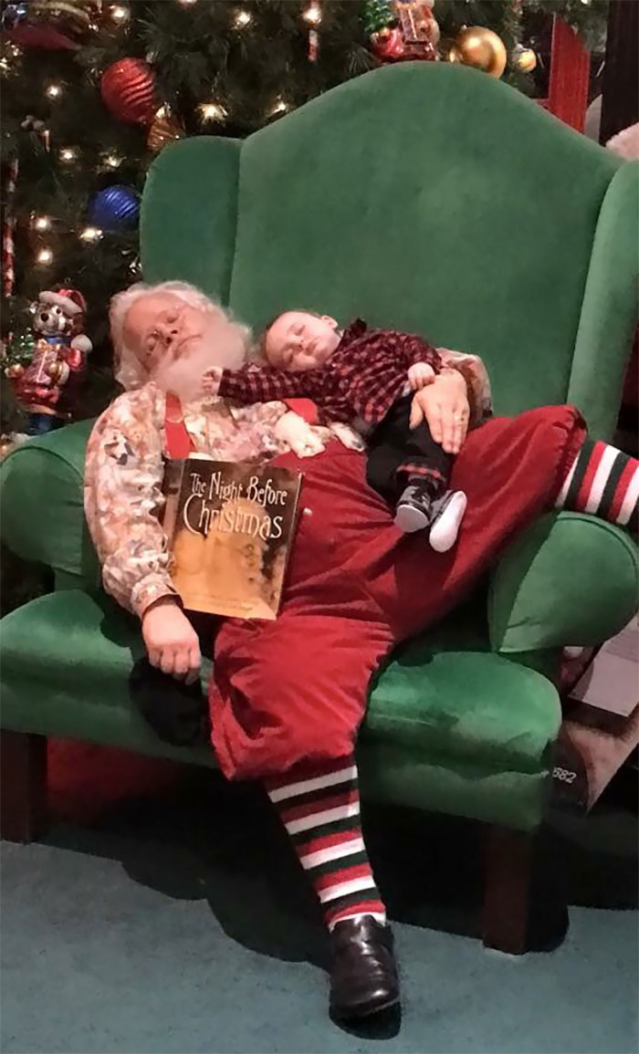 While Waiting In Line To See Santa, This Baby Fell Asleep. When It Came Time For The Picture, Santa Told The Parents Not To Wake Him