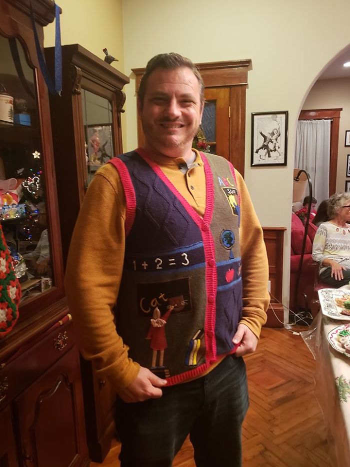My Boyfriend Is A Kindergarten Teacher And I Thrifted This Amazing Ugly Teacher Sweater Vest For Him At The Salvation Army Thrift Store In Jacksonville, FL