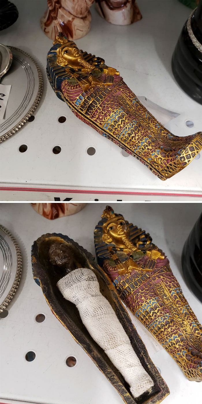 Mini Sarcophagus That Has A Mini Mummy Inside. It Didn't Come Home With Me Cuz It Creeped Me Out A Tiny Bit. It Was $3
