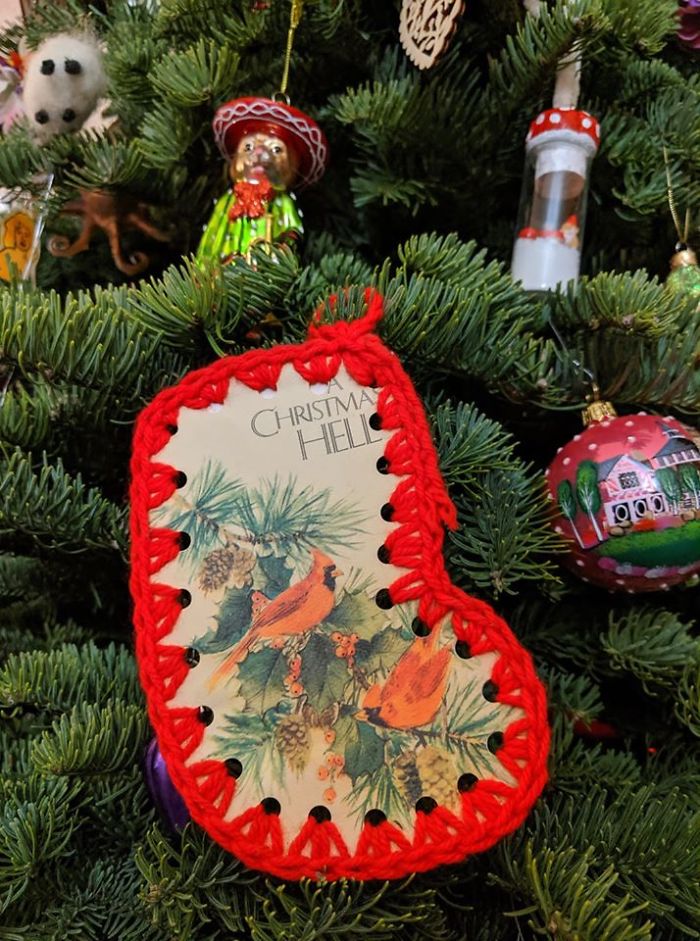 My Grandmother Would Recycle Old Christmas Cards She Received By Cutting Them Into A Stocking Shape And Crocheting Around The Outside To Make Ornaments. This One Is My Favorite!