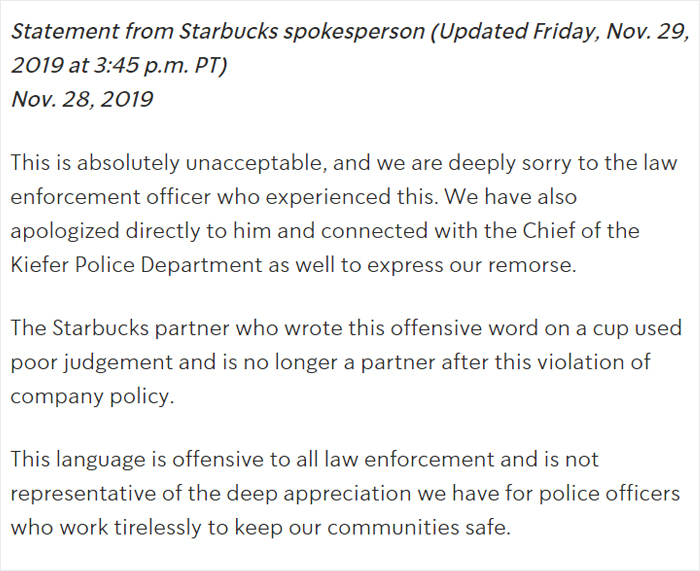 Cop Says Barista Wrote "Pig" On His Cup, Starbucks Reacts By Firing Her (Update: It's A Hoax)