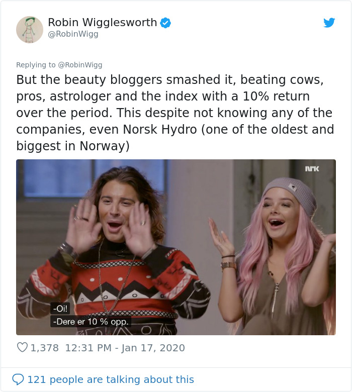 Norwegian TV Tests The Judgement Of Professional Stockbrokers Against Astrology, Beauty Bloggers, And Cow Poop