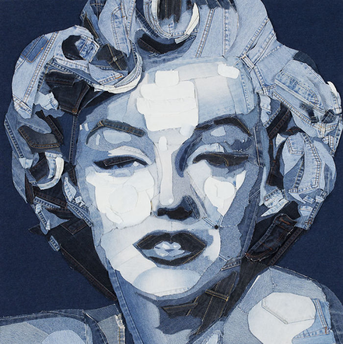 Portrait of a celebrity crafted from various denim pieces showcasing realistic texture and detail by Ian Berry.
