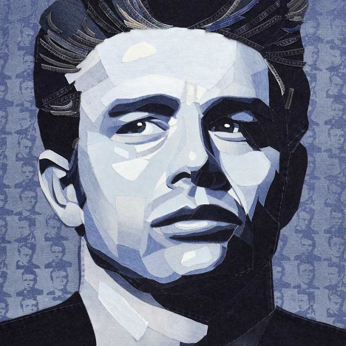 Portrait of a man created with denim fabric, showcasing realistic celebrity portraits using denim art techniques by Ian Berry.