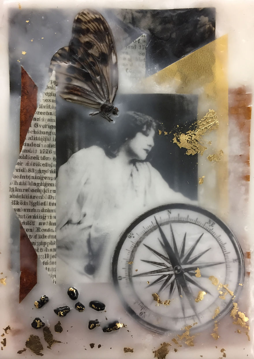 "Navigation", 7x5, Encaustic Collage With Butterfly, Pebbles, And Gold Leaf