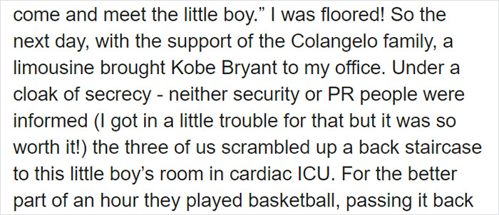 Woman Shares A Heartwarming Story On How Kobe Bryant Secretly Visited A Terminally Ill 5 Y.O. In Hospital