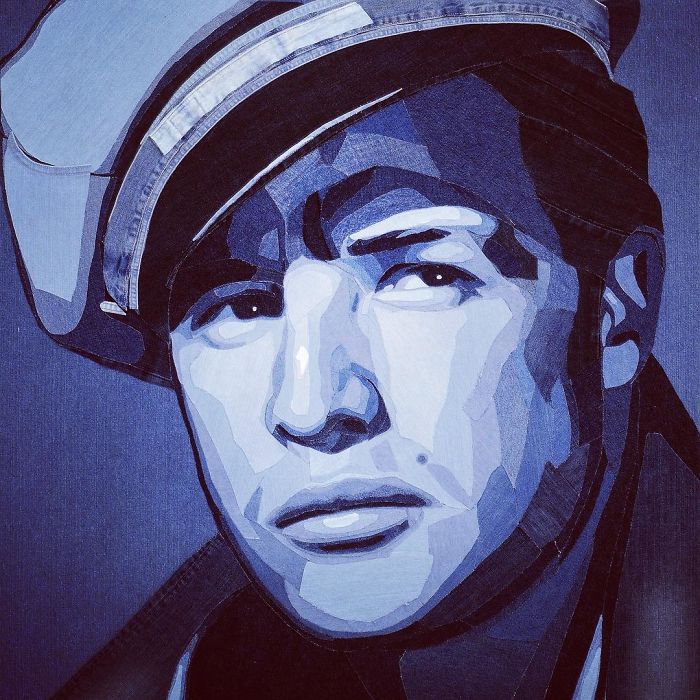 Portrait of a man wearing a hat created with realistic denim art by Ian Berry, showcasing detailed denim textures.