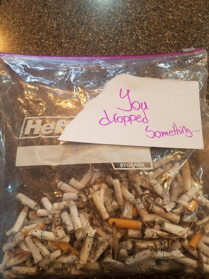 My Neighbours Like To Throw Their Cigarette Butts Over The Wall And Onto The Sidewalk. I'm Tired Of Seeing Dogs Eat Them And Kids Play With Them, So I Picked Them Up For Them