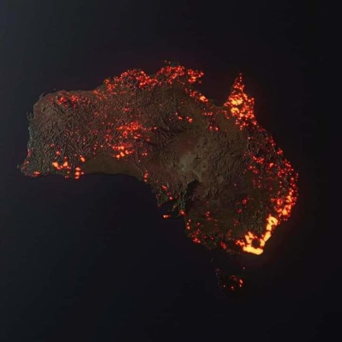 Visualización 3D de los incendios australianos, hecho con datos de satélites