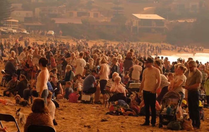 Over A 1000 People Forced Onto A Beach By Out Of Control Fires. They Are Surrounded With No Escape Except To Swim