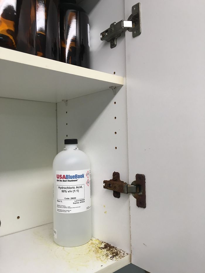 I’ve Stored Hydrochloric Acid In This Cabinet For A Few Months Now And It Has Started To Dissolve The Hinge It Sits By