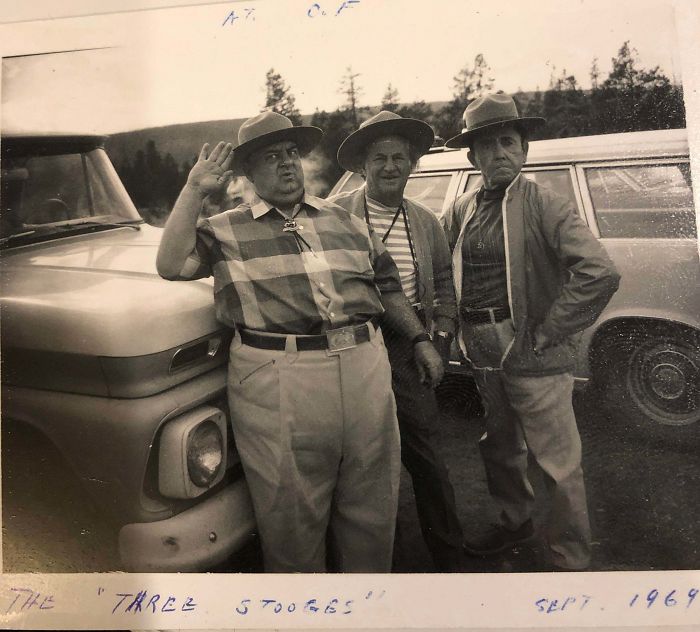 My Grandpa Worked As A Park Ranger In Yellowstone, Where He Took This Photo Of The Three Stooges When They Visited. 1969