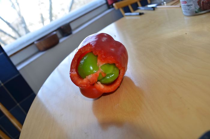 Found A Green Bell Pepper Growing Inside A Red One