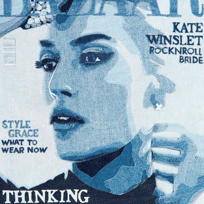 Realistic celebrity portrait of a woman created using detailed denim fabric art by Ian Berry.