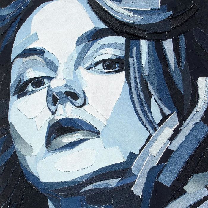 Close-up of a realistic celebrity portrait created with various shades of denim fabric by Ian Berry.