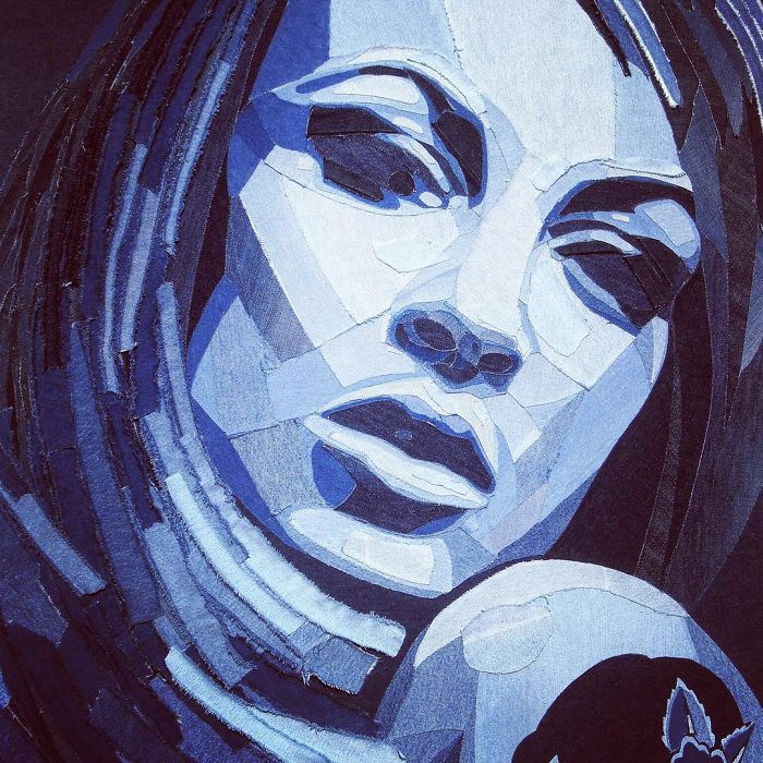 Close-up of a realistic celebrity portrait made using various shades of denim fabric in a detailed collage style.