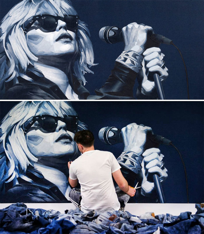 Artist Ian Berry creating a realistic celebrity portrait using denim, showing detailed texture and shades of blue.