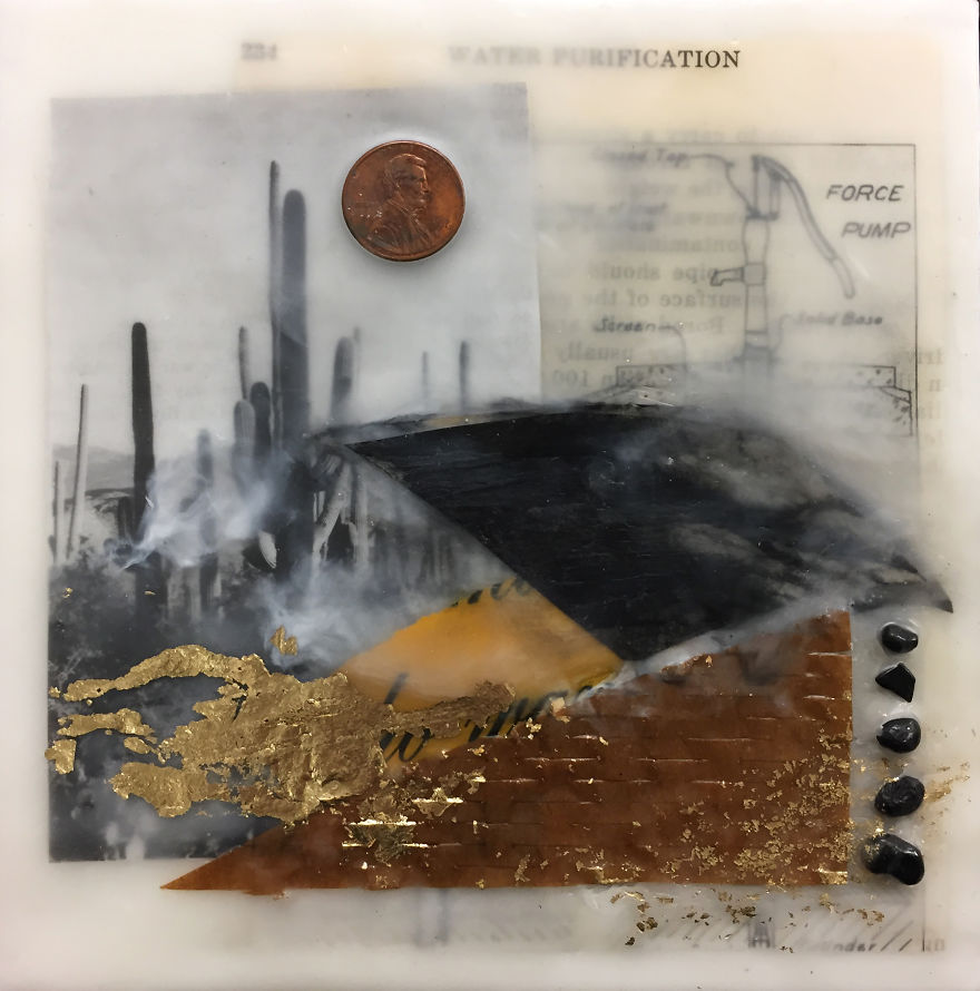 "Balance", 6x6, Encaustic Collage With Pebbles, Gold Leaf, And Penny