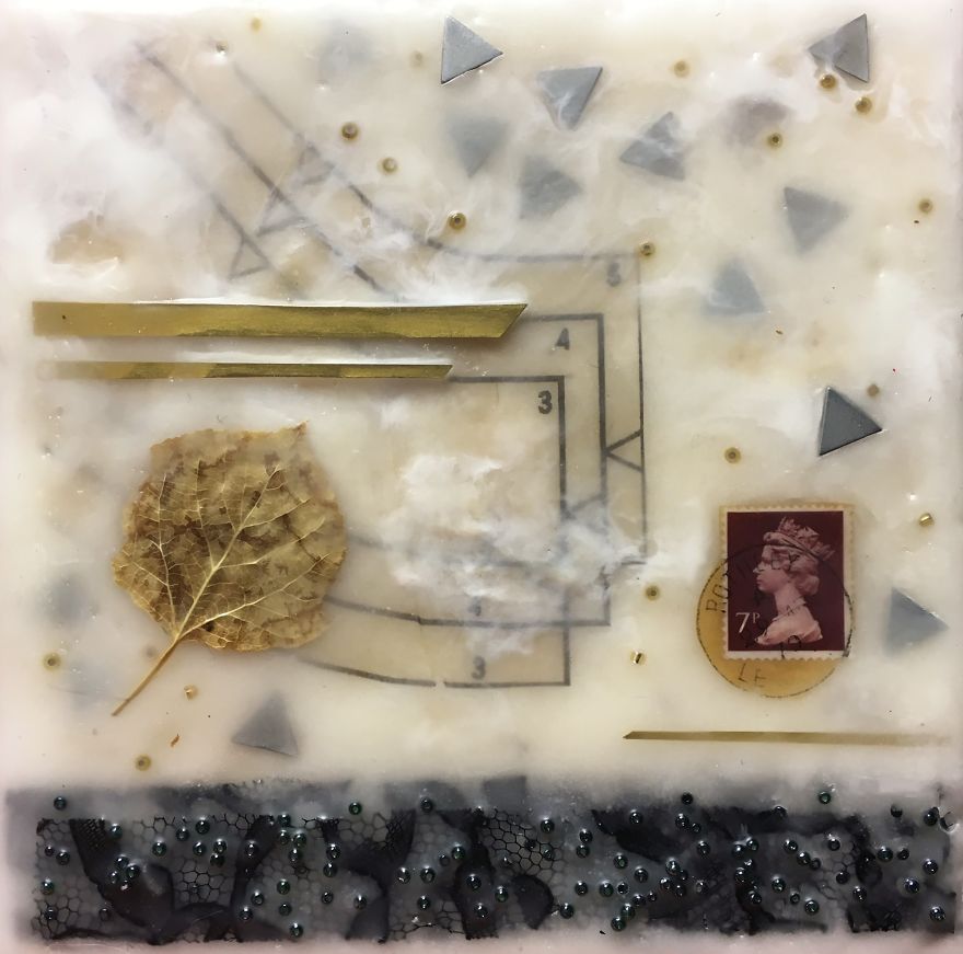"Cold Front", 6x6, Encaustic Collage With A Stamp, Aspen Leaf, Fabric Pattern, Lace, Beads, And Framing Parts
