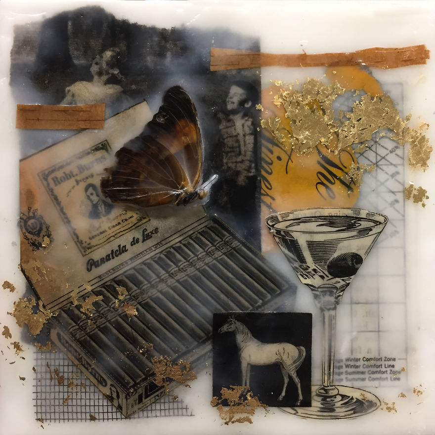 "Comfort Zone", 6x6, Encaustic Collage With Butterflies, Screen, And Gold Leaf