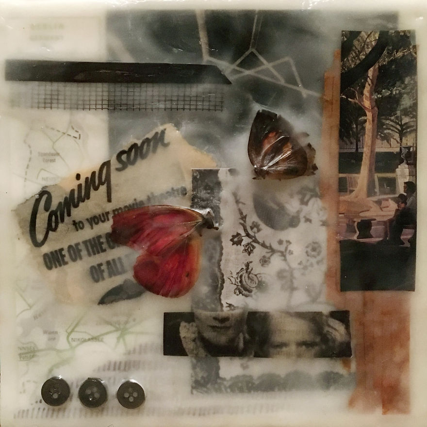 "Coming Soon", 6x6, Encaustic Collage With Butterflies, Buttons, And Screen
