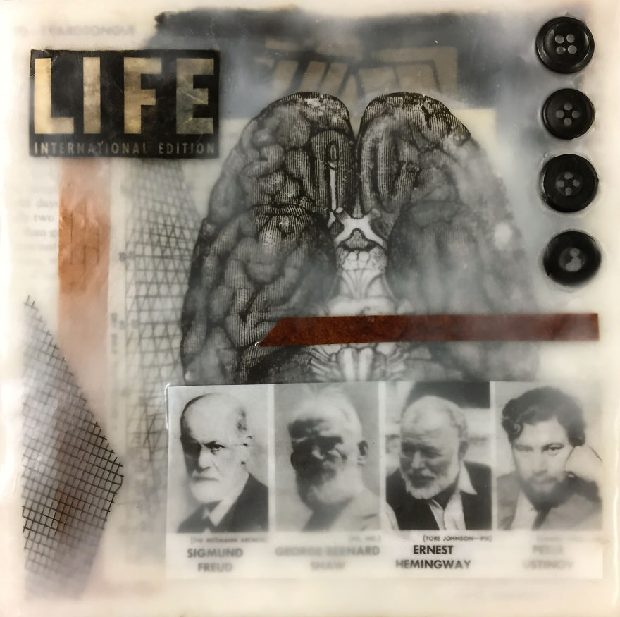 "Four Men Who Made Their Beards Famous", 6x6, Encaustic Collage With Buttons And Screen