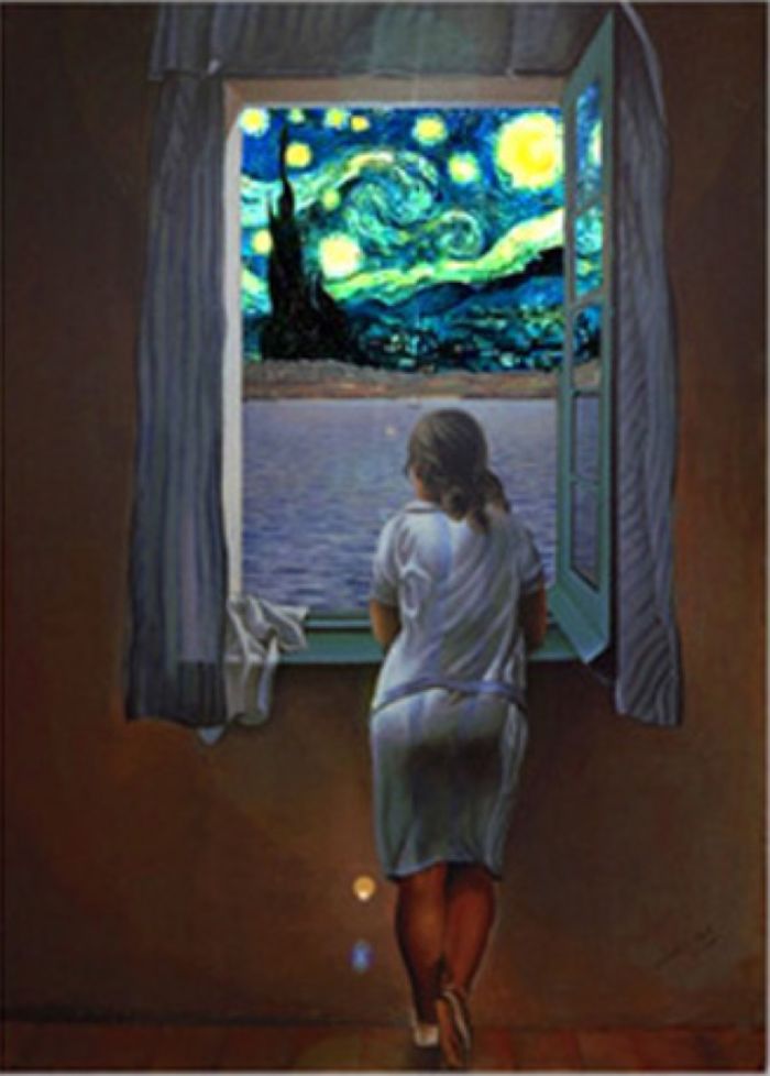 Dali's Young Woman Stares Out At Van Gogh's Starry Night