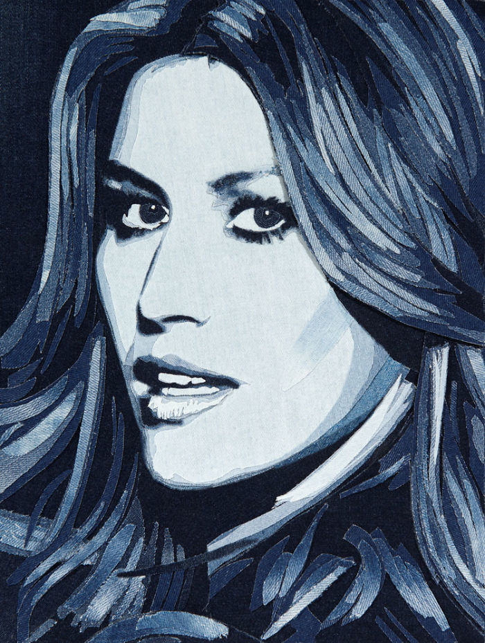 Realistic celebrity portrait made entirely of denim fabric, showcasing detailed facial features and textured hair layers.