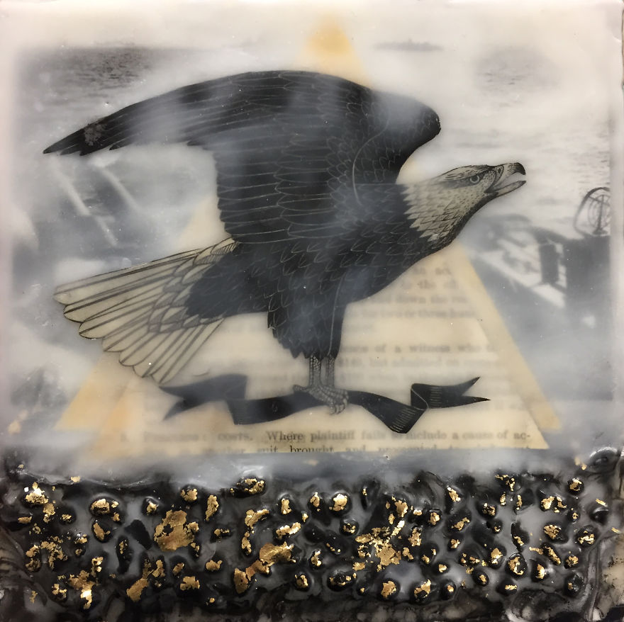 "Let Freedom Ring", 6x6, Encaustic Collage With Missouri Supreme Court Reports 1886, Pebbles, And Gold Leaf