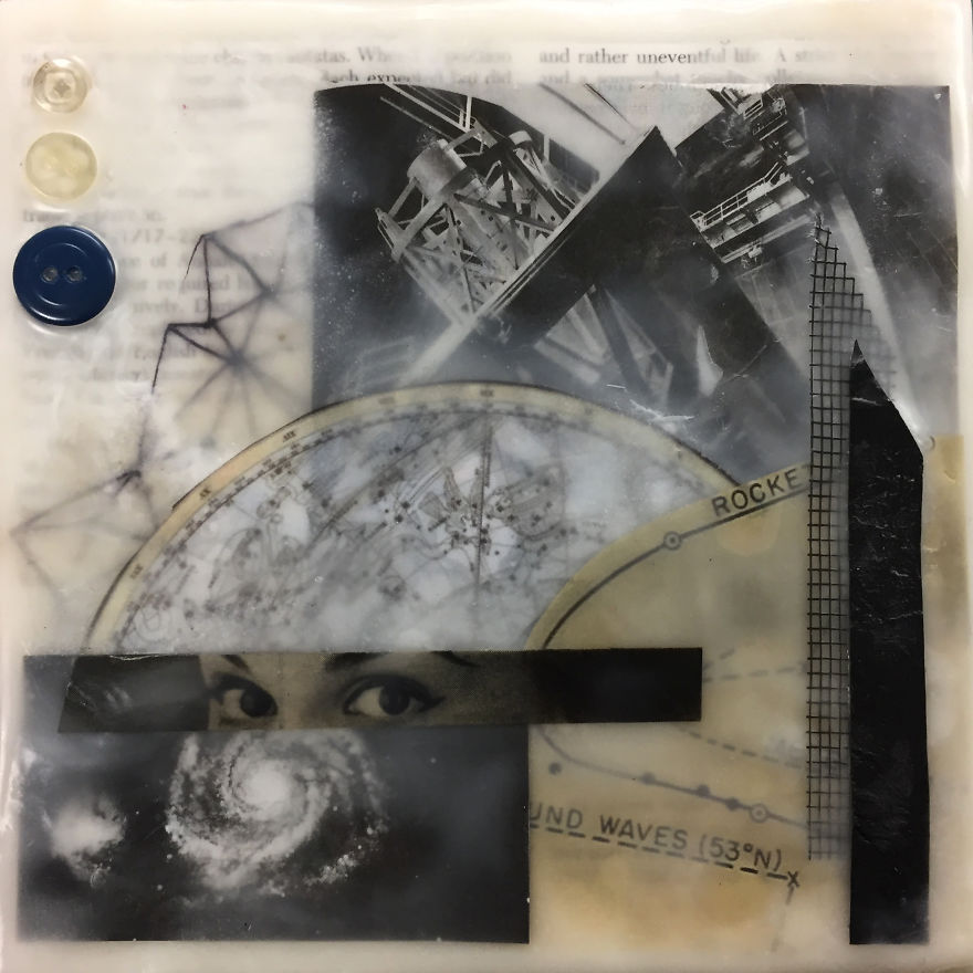 "Lift Off", 6x6, Encaustic Collage With Buttons, Ink Drawing On Rice Paper, Screen, And Titanium White Oil Stick