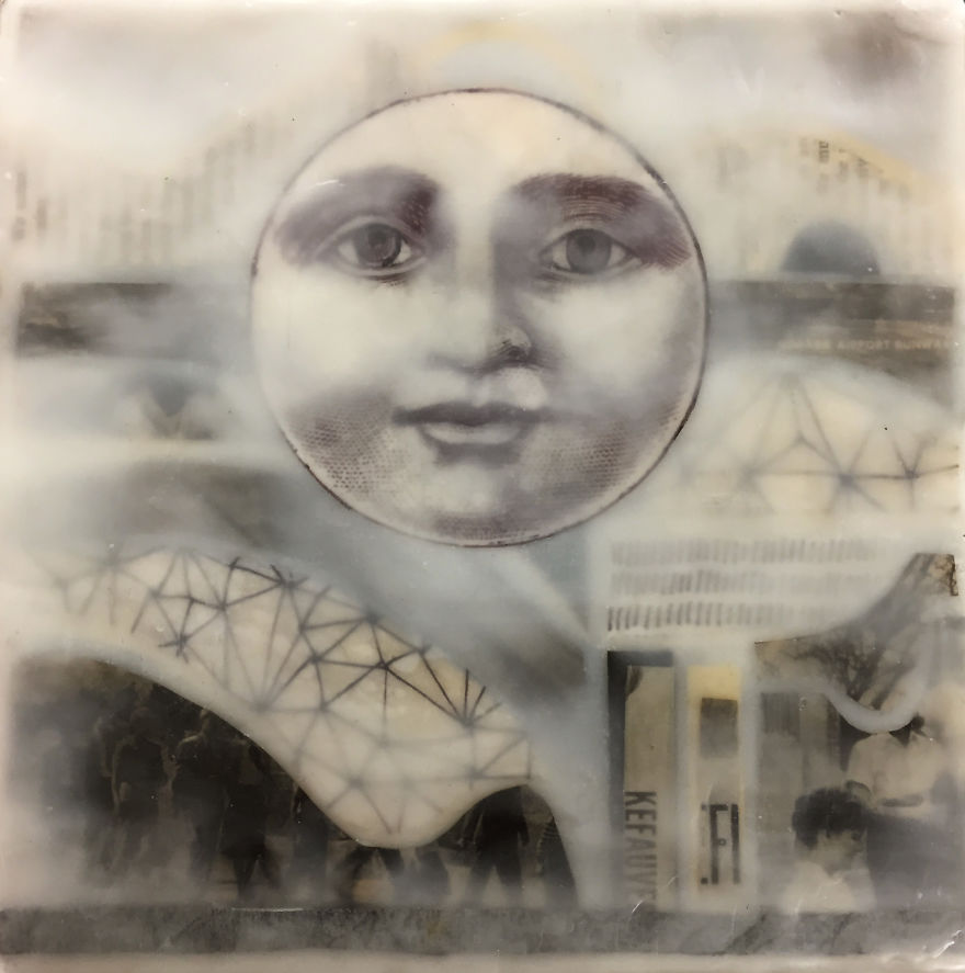 "Man On The Moon", 8x8, Encaustic Collage With Ink Drawings On Rice Paper