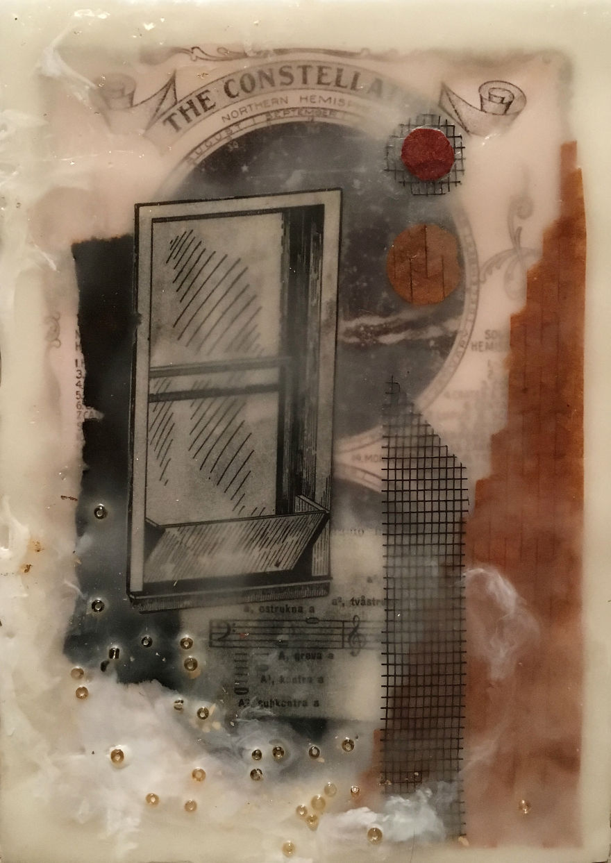 "Northern Hemisphere", 7x5, Encaustic Collage With Beads And Screen