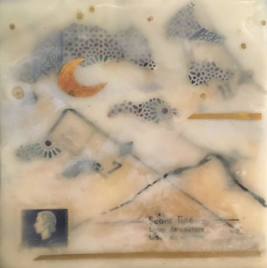 "Sleepy In Longmont", 5x5, Encaustic Collage With Beads, Stamp, And Fabric Patterns
