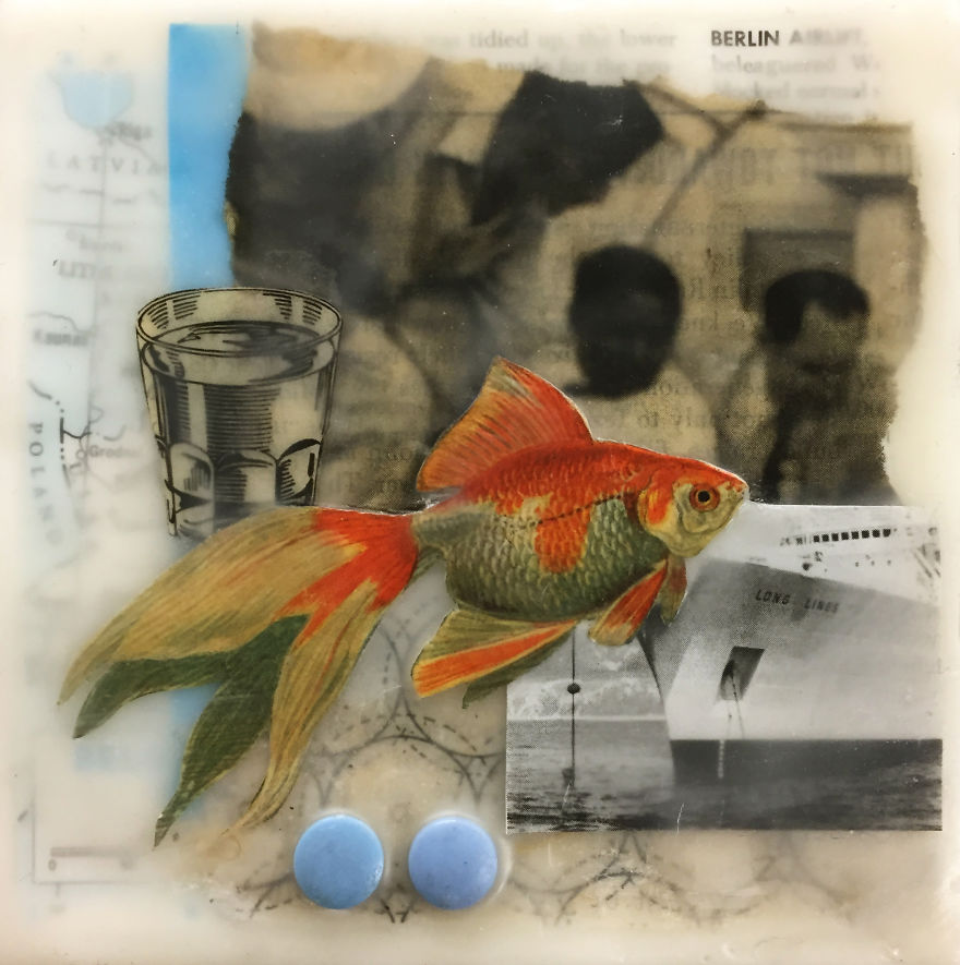 "Splash", 5x5, Encaustic Collage With Buttons