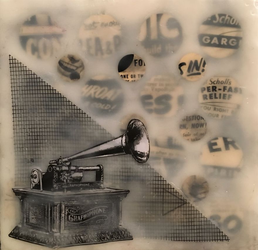 "The Graphophone", 6x6, Encaustic On The Panel With Screen And Life Magazine Ads From The 50s