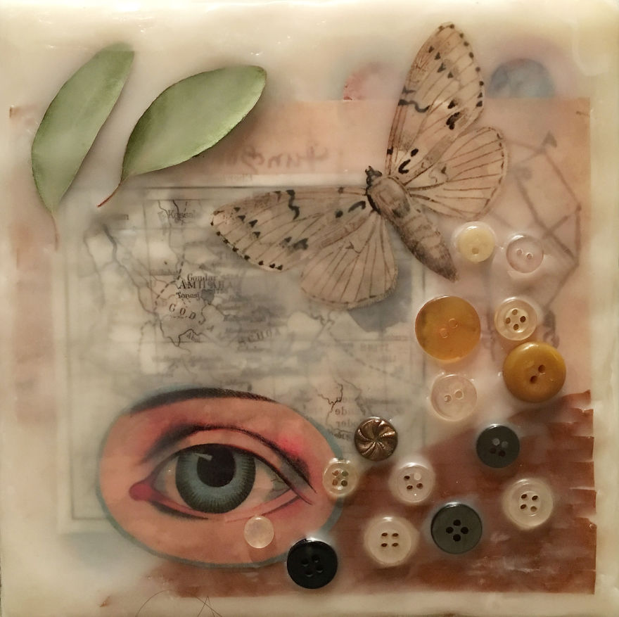 "Elevate", 6x6, Encaustic Collage With Buttons And Eucalyptus Leaves