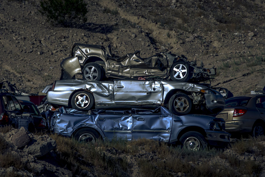 Wrecked Cars Stacked In Alamo, Nevada