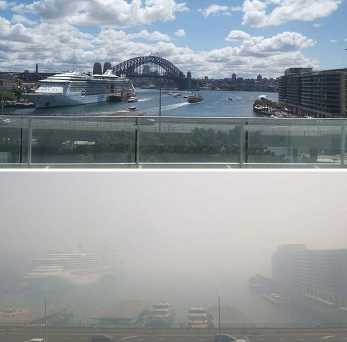 Pred a po Sydney kvôli fajčeniu z búrlivých požiarov Bush