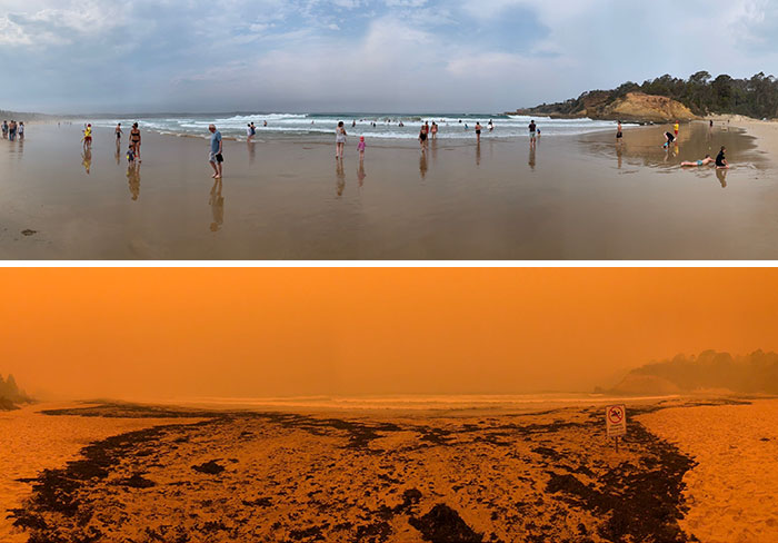 Tathra Beach, Nsw V Austrálii. Pred a po príchode dymu a popola z okolitých požiarov. Čierna troska v dolnej fotografii je spálené drevo a popol umytý na brehu