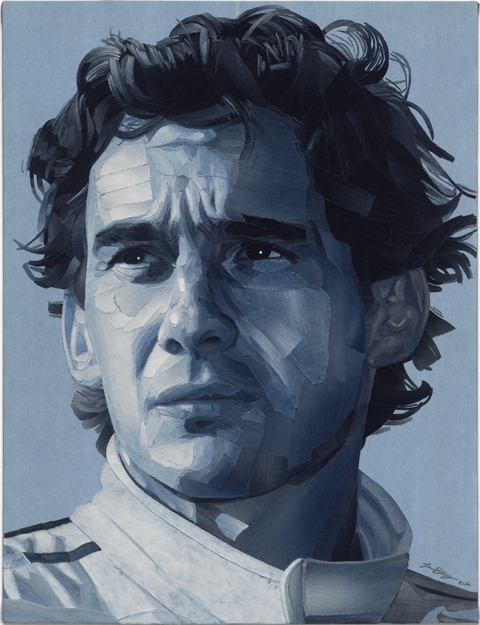 Portrait of a celebrity created with denim fabric showcasing realistic textures and details by Ian Berry.