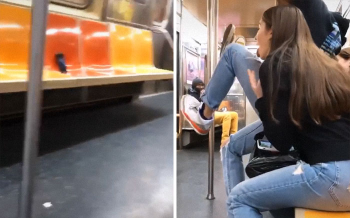Young woman posing unusually on subway pole, capturing a ridiculous moment for influencers in the wild on Instagram.