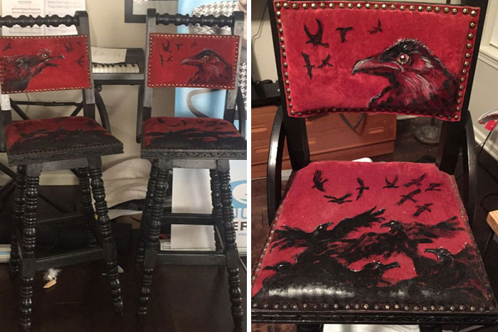 Found These Red Velvet Chairs At A Garage Sale For $1 And Had An Overwhelming Compulsion To Paint Crows On Them