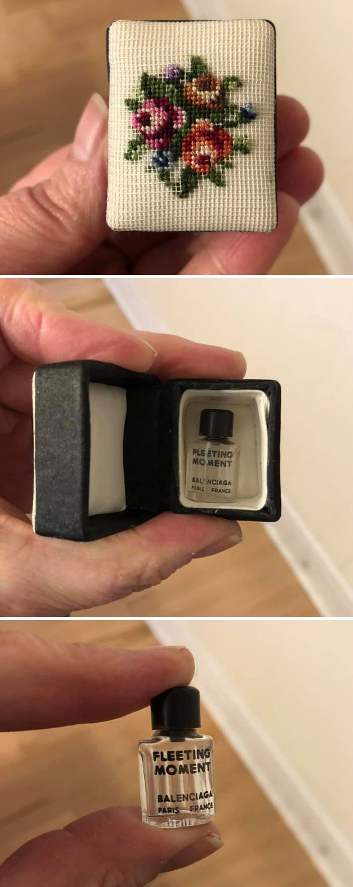 Wanted To Share My Favorite Tiny Item, A Tiny Bottle Of Perfume Called “Fleeting Moment” Inside A Tiny Box With Needle Point Lid. It Was My Grandmother’s