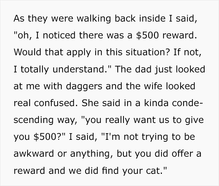 Guy Finds Lost Cat, Brings It To Its Owners, Asks For $500 Promised Reward, Gets Sneered At And Judged