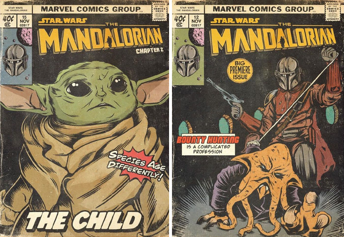 Russian Artist Sums Up Each Episode Of The Mandalorian In Vintage Comic Book Covers (8 Pics)