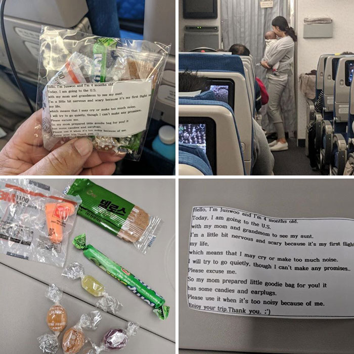 On A 10-Hour Flight A Mother Handed Out More Than 200 Goodie Bags Filled With Candy And Ear Plugs, In Case Her 4-Month-Old Child Cried During The Flight