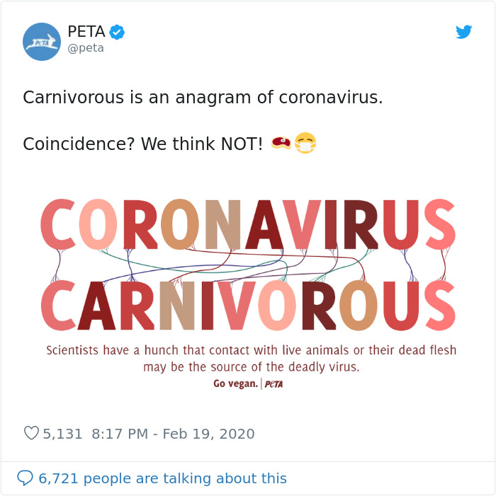 PETA Says Coronavirus Is An Anagram Of Carnivorous, Gets Hilariously Ridiculed