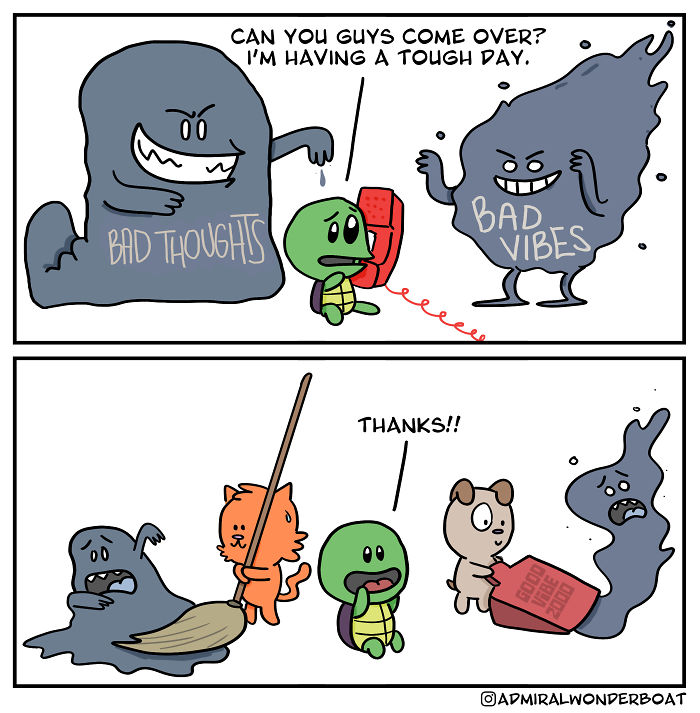 Cartoon comic showing a character battling bad thoughts and bad vibes, reflecting depression and anxiety feelings.