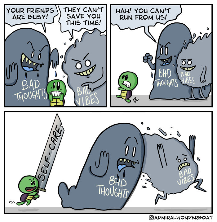 Comic showing a character battling bad thoughts and bad vibes with a self-care sword, highlighting depression and anxiety struggles.